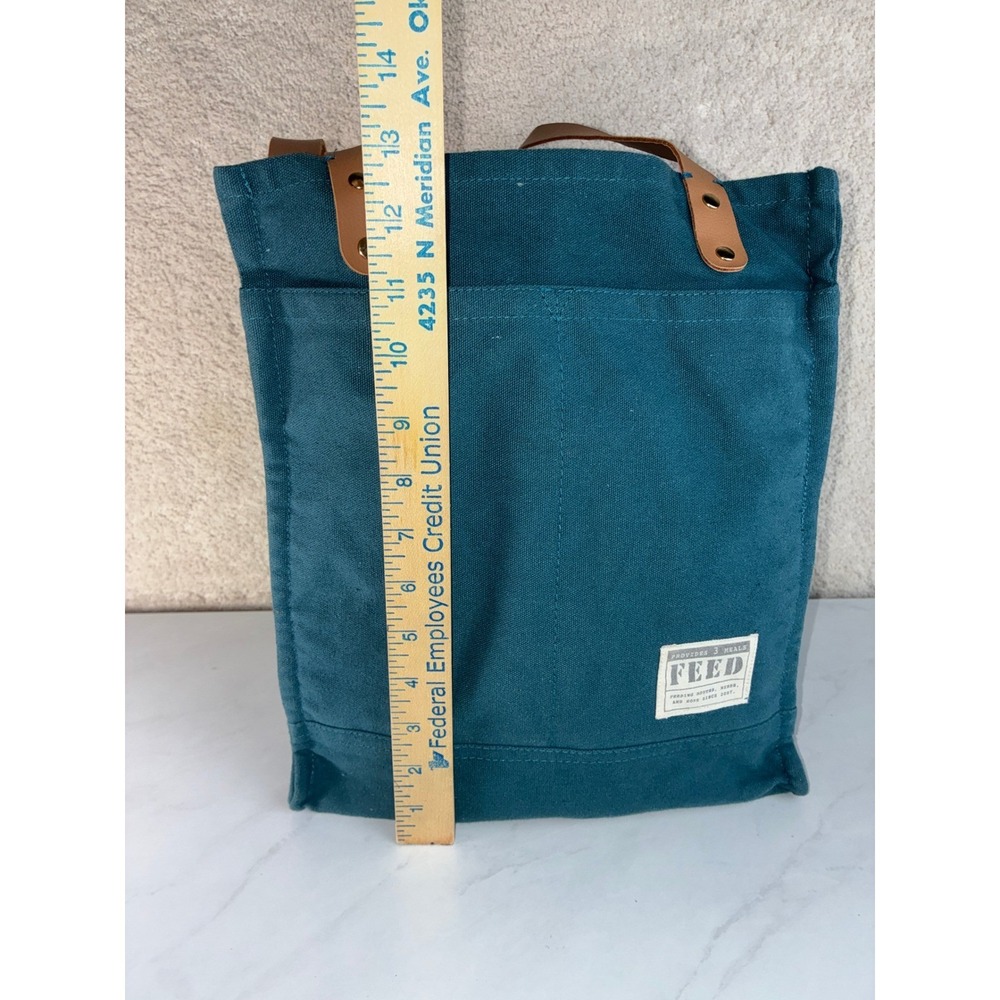 FEED Teal Canvas Tote Bag - Large - Faux Leather Straps Pockets Boho Eco Bag - Picture 4 of 10